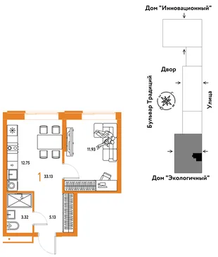 Планировка 1-комн. квартира, 33.13 м² ЖК «Микрорайон Домашний»