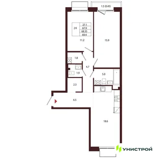 Планировка 2-комн. квартира, 68.35 м² ЖК «Лисино»