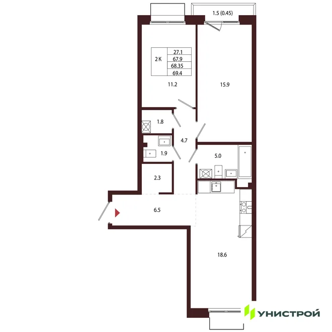 Планировка 2-комн. квартира, 68.35 м² ЖК «Лисино» Планировка 2-комн. квартира, 68.35 м² ЖК «Лисино»