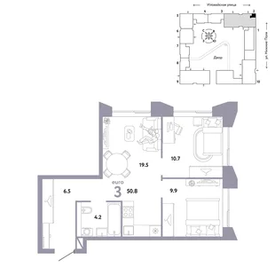 Планировка 3-комн. квартира, 50.8 м² ЖК «Страна.Заречная»