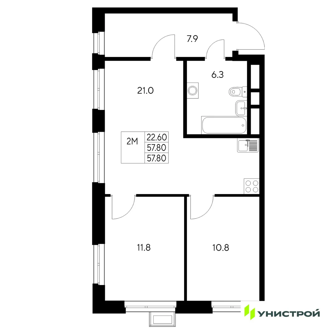 Планировка 2-комн. квартира, 57.8 м² ЖК «Стадиум»
