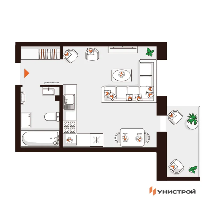 Планировка 1-комн. квартира, 27.74 м² ЖК «Лисино» Планировка 1-комн. квартира, 27.74 м² ЖК «Лисино»