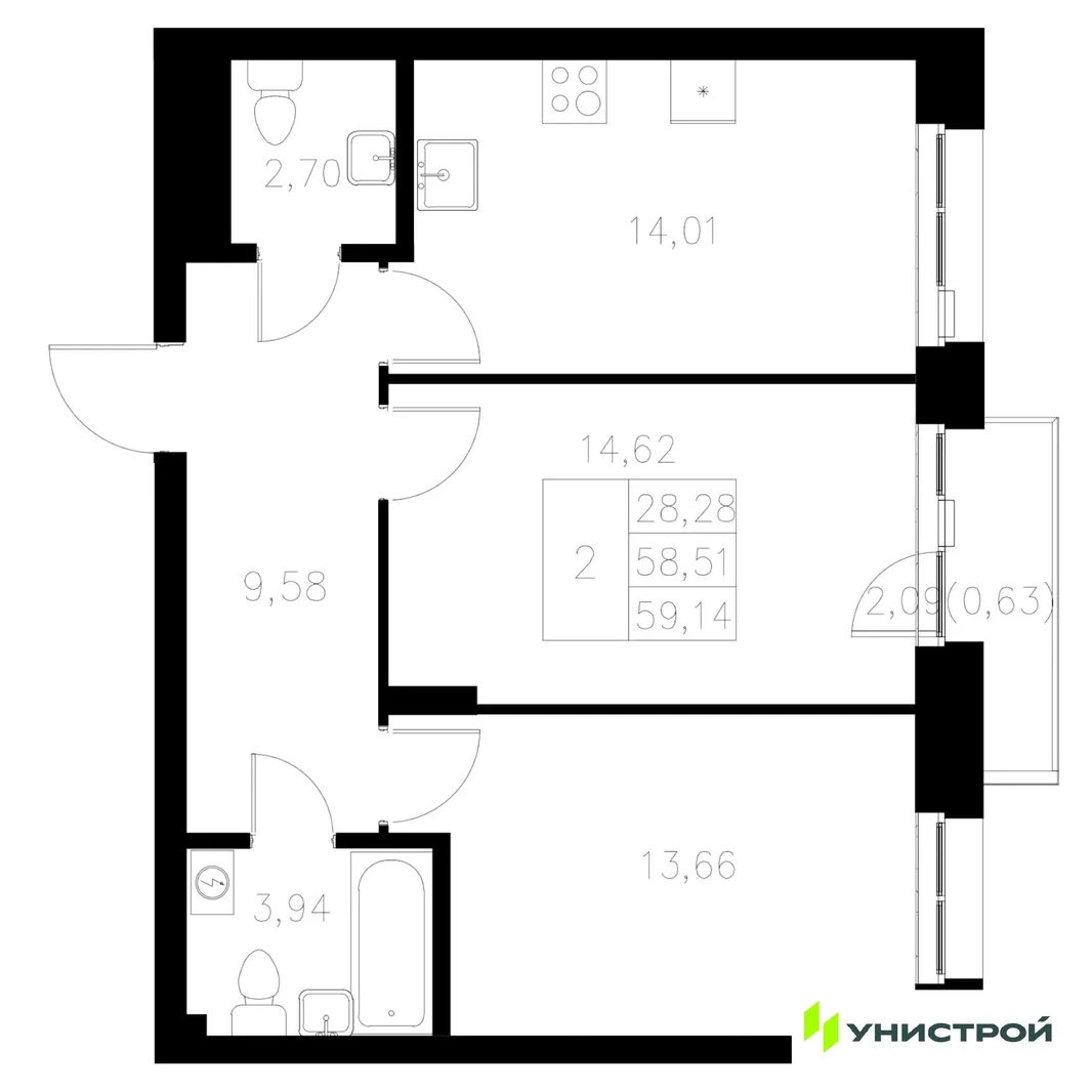 Планировка 2-комн. квартира, 59.14 м² ЖК «Statum»