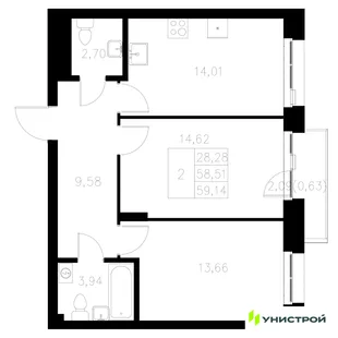Планировка 2-комн. квартира, 59.14 м² ЖК «Statum»