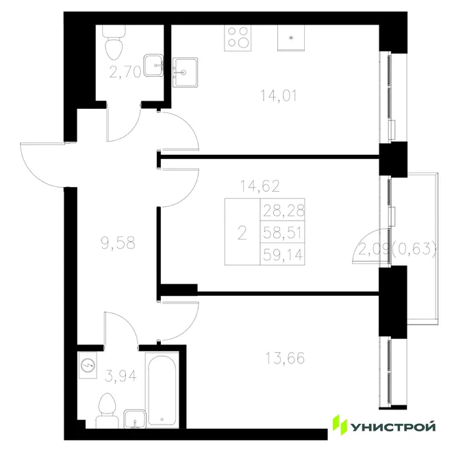 Планировка 2-комн. квартира, 59.14 м² ЖК «Statum»