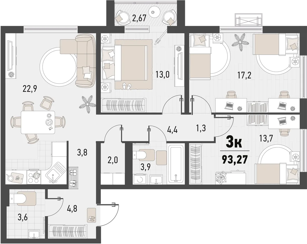 Планировка 3-комн. квартира, 93.27 м² ЖК «Барса»