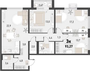 Планировка 3-комн. квартира, 93.27 м² ЖК «Барса»