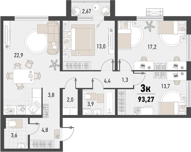 Планировка 3-комн. квартира, 93.27 м² ЖК «Барса» Планировка 3-комн. квартира, 93.27 м² ЖК «Барса»