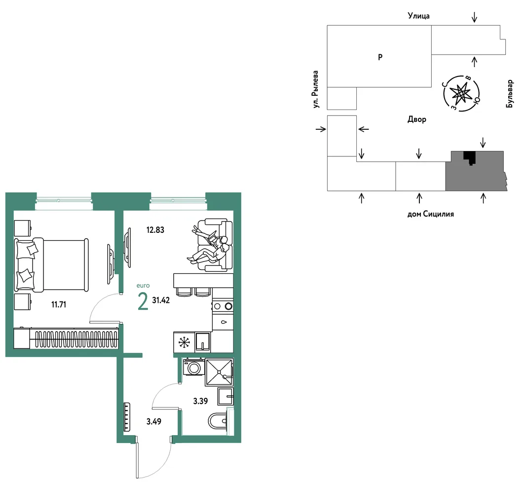 Планировка 2-комн. квартира, 31.42 м² ЖК «Остров-сад»