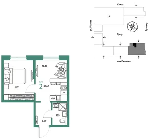 Планировка 2-комн. квартира, 31.42 м² ЖК «Остров-сад»