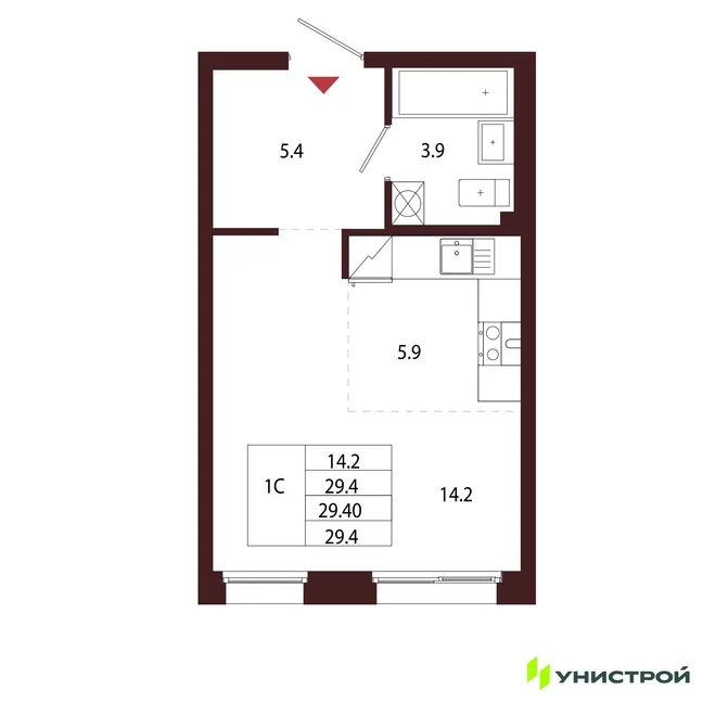 Планировка 1-комн. квартира, 29.4 м² ЖК «Лисино»