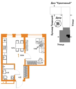 Планировка 1-комн. квартира, 33.06 м² ЖК «Микрорайон Домашний»