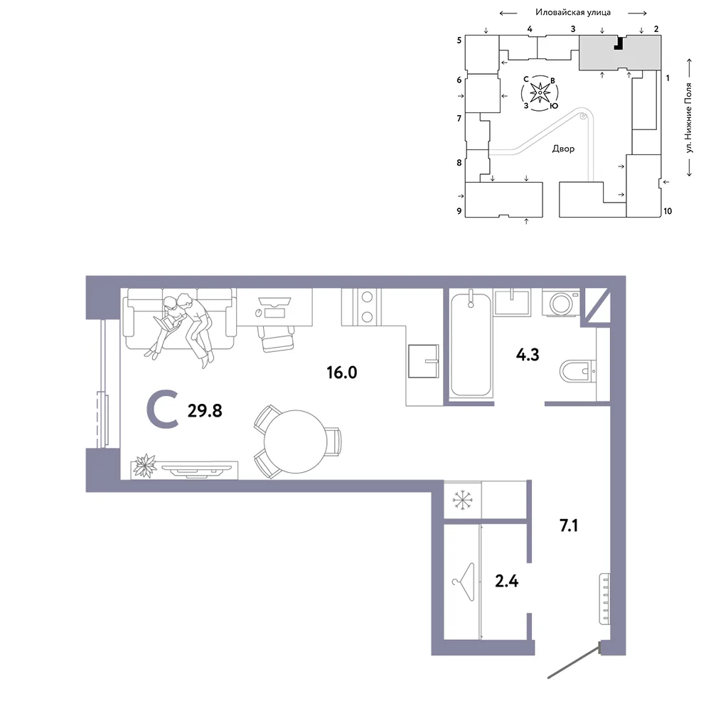 Планировка Студия, 29.8 м² ЖК «Страна.Заречная»