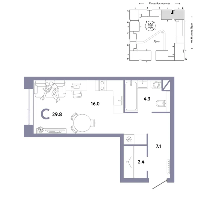 Планировка Студия, 29.8 м² ЖК «Страна.Заречная»