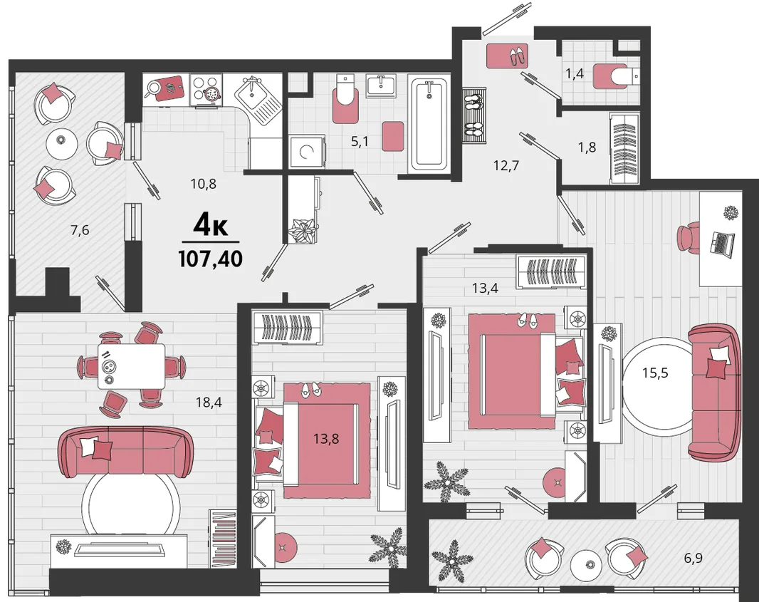 Планировка 4-комн. квартира, 107.4 м² ЖК «Родные просторы»