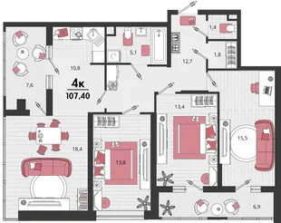 Планировка 4-комн. квартира, 107.4 м² ЖК «Родные просторы»
