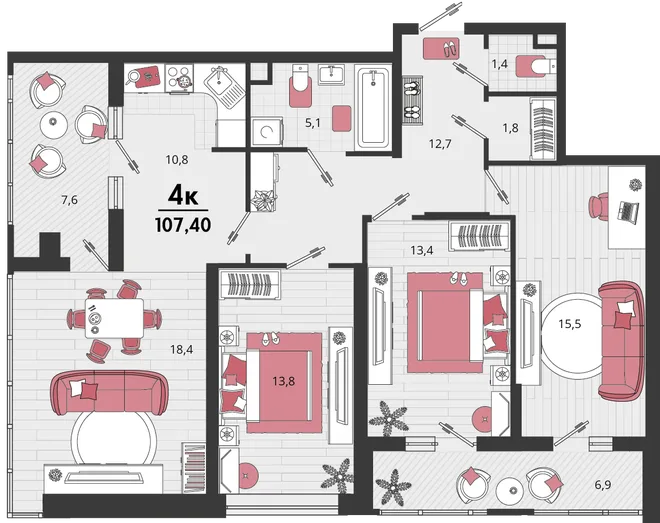 Планировка 4-комн. квартира, 107.1 м² ЖК «Родные просторы» Планировка 4-комн. квартира, 107.1 м² ЖК «Родные просторы»