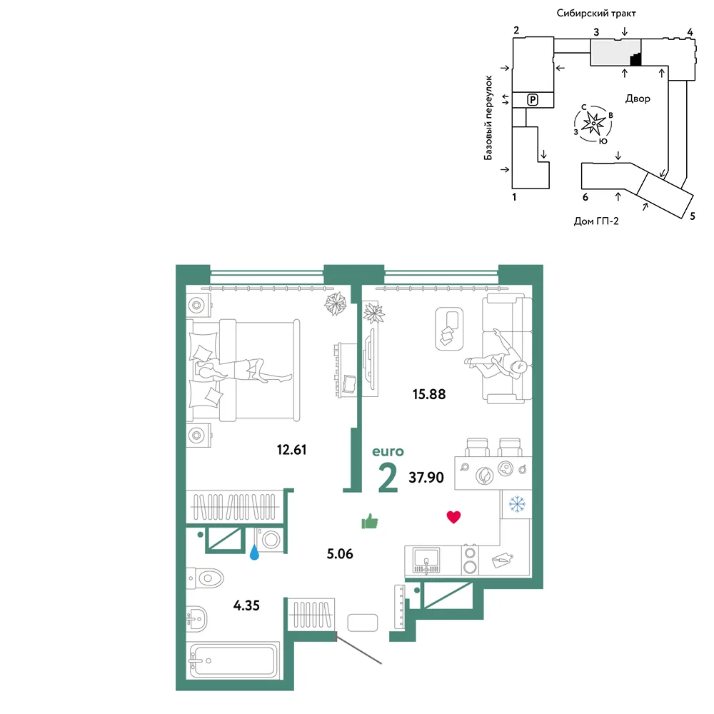 Планировка 2-комн. квартира, 37.9 м² ЖК «Сибирский сад»