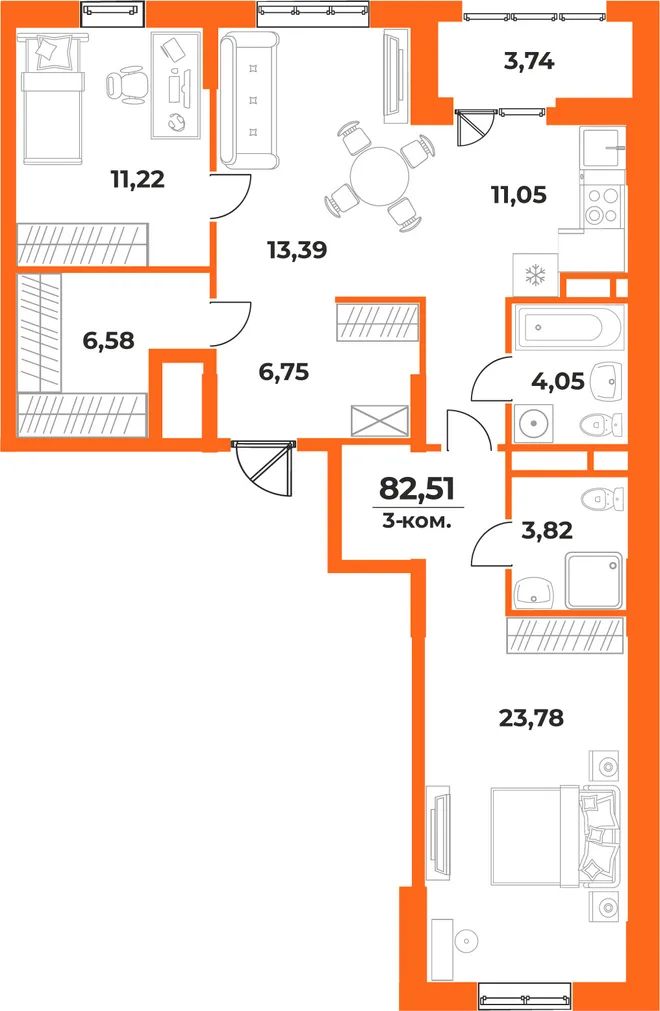 Планировка 3-комн. квартира, 82.51 м² ЖК «Живописный сад» Планировка 3-комн. квартира, 82.51 м² ЖК «Живописный сад»