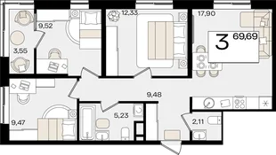 Планировка 3-комн. квартира, 69.69 м² ЖК «Патрики»