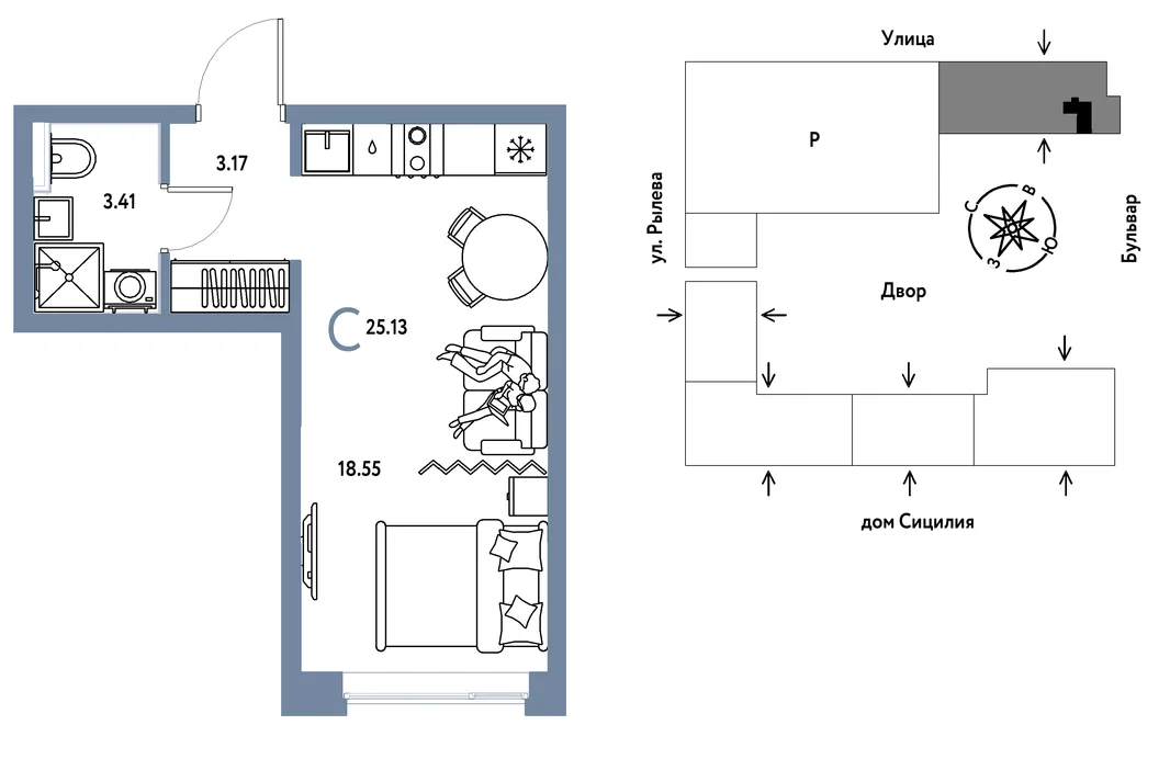 Планировка Студия, 25.13 м² ЖК «Остров-сад»