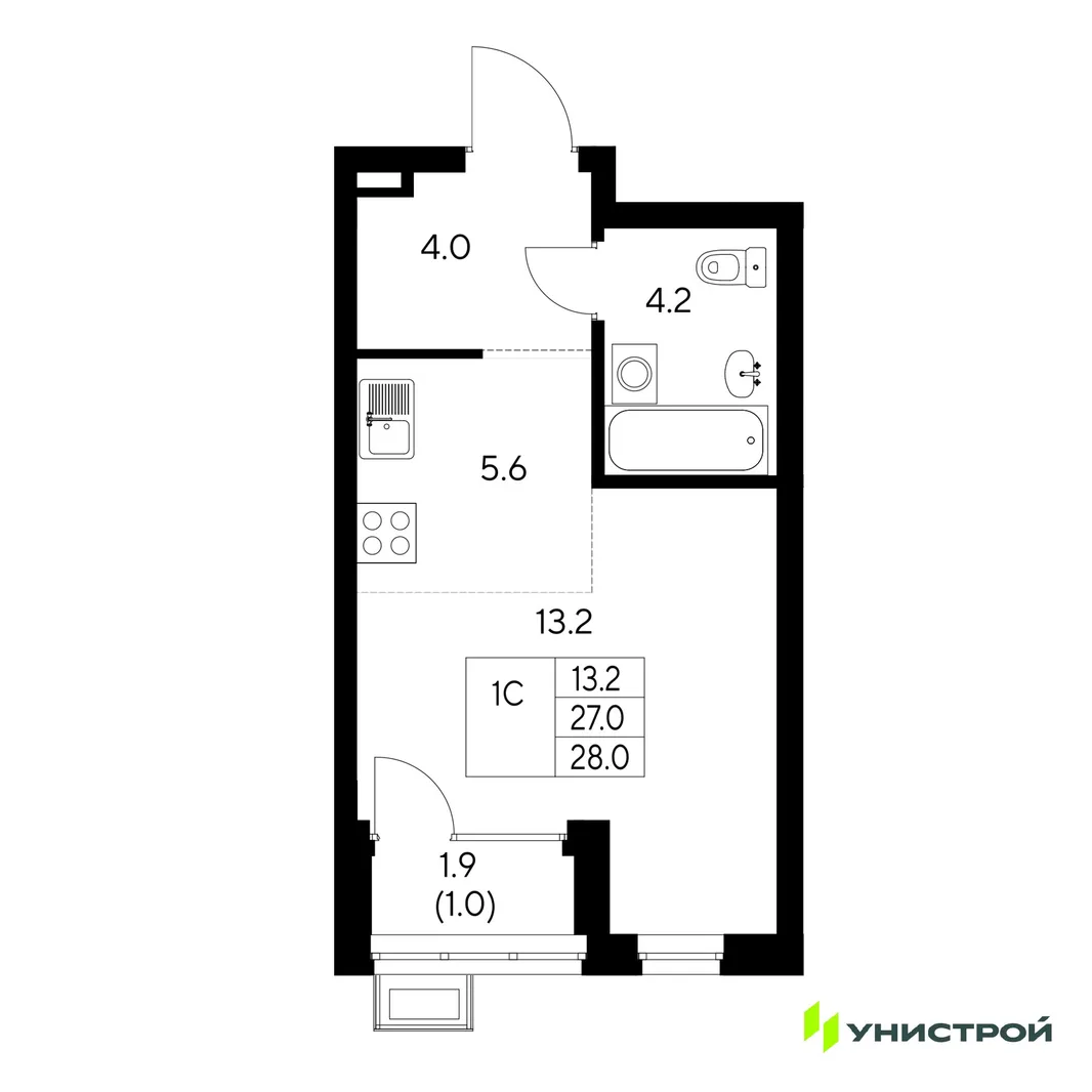 Планировка 1-комн. квартира, 28 м² ЖК «Стадиум»