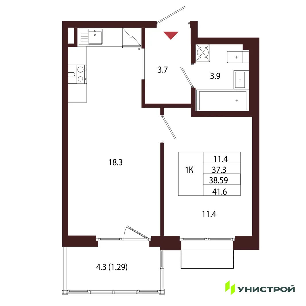 Планировка 1-комн. квартира, 38.59 м² ЖК «Лисино»