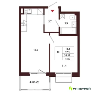 Планировка 1-комн. квартира, 38.59 м² ЖК «Лисино»