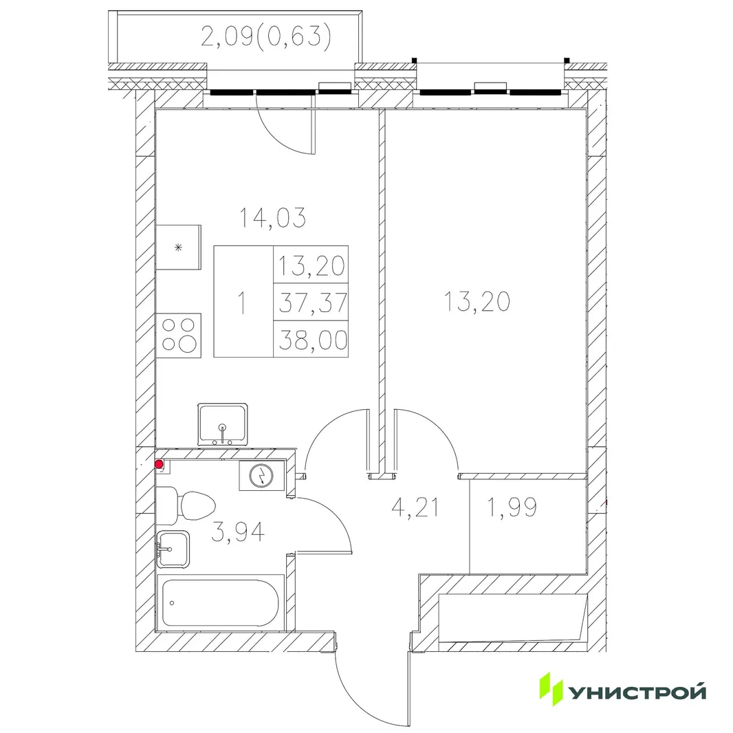 Планировка 1-комн. квартира, 38 м² ЖК «Statum»