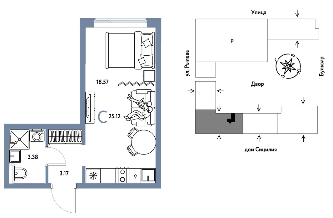 Планировка Студия, 25.12 м² ЖК «Остров-сад»