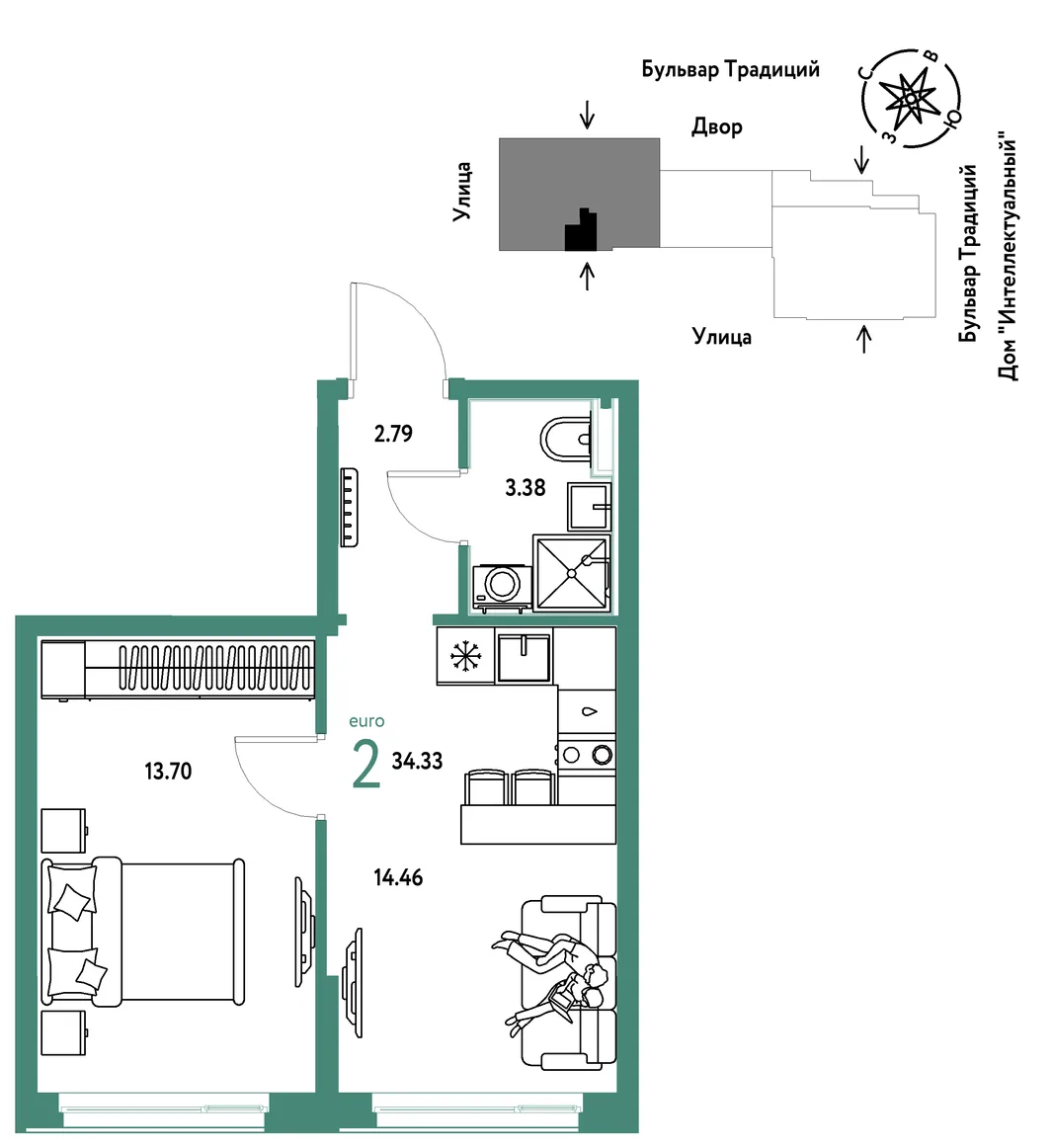 Планировка 2-комн. квартира, 34.33 м² ЖК «Микрорайон Домашний»