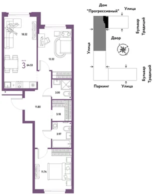 Планировка 3-комн. квартира, 64.53 м² ЖК «Микрорайон Домашний»