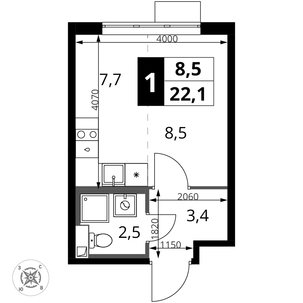 Планировка Студия, 22.1 м² ЖК «1-й Шереметьевский»