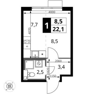 Планировка Студия, 22.1 м² ЖК «1-й Шереметьевский»