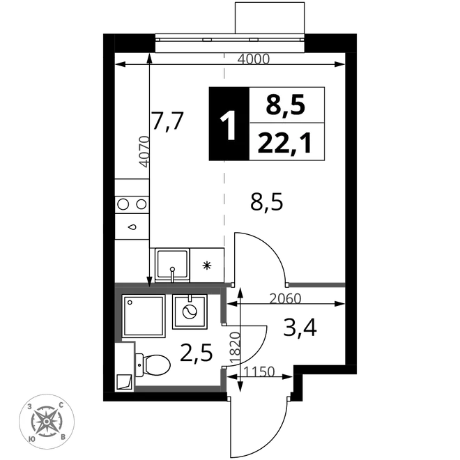 Планировка Студия, 22.1 м² ЖК «1-й Шереметьевский» Планировка Студия, 22.1 м² ЖК «1-й Шереметьевский»