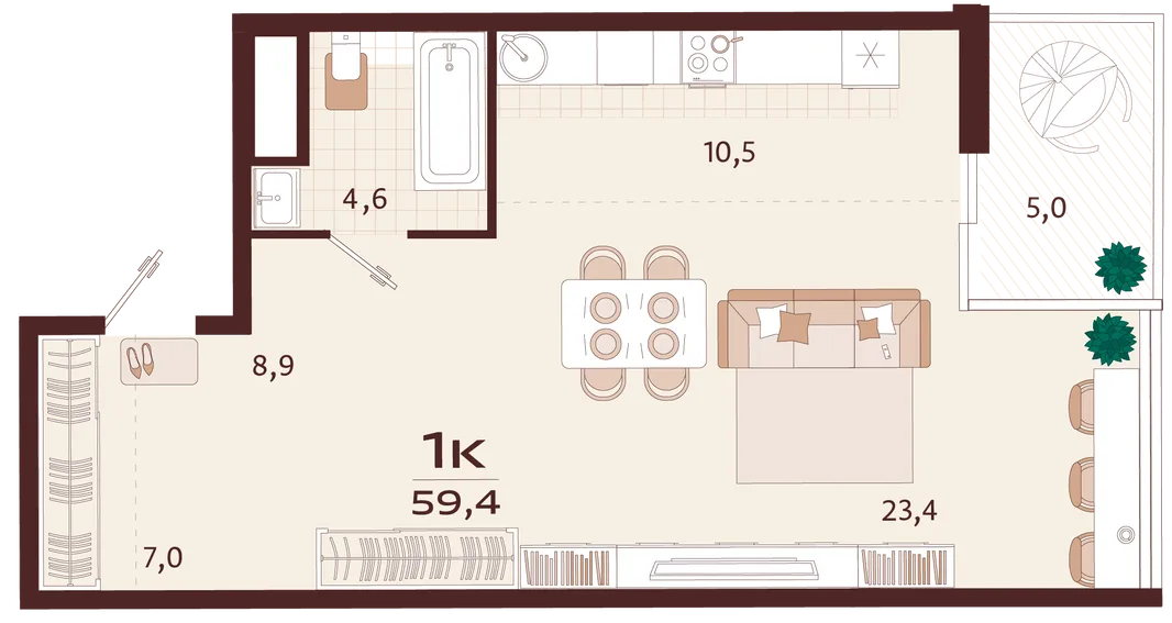 Планировка 1-комн. квартира, 59.4 м² ЖК «Роялта»