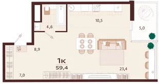 Планировка 1-комн. квартира, 59.4 м² ЖК «Роялта»