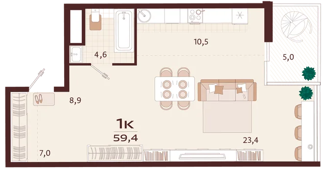 Планировка 1-комн. квартира, 59.4 м² ЖК «Роялта» Планировка 1-комн. квартира, 59.4 м² ЖК «Роялта»