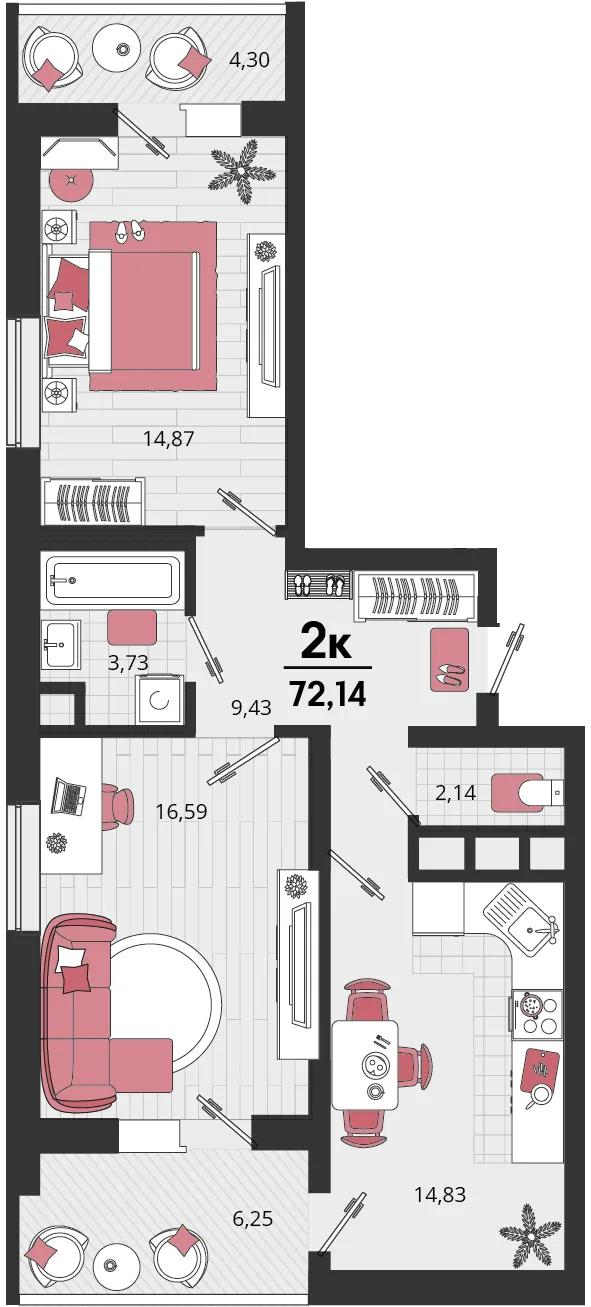 Планировка 2-комн. квартира, 72.14 м² ЖК «Родные просторы»