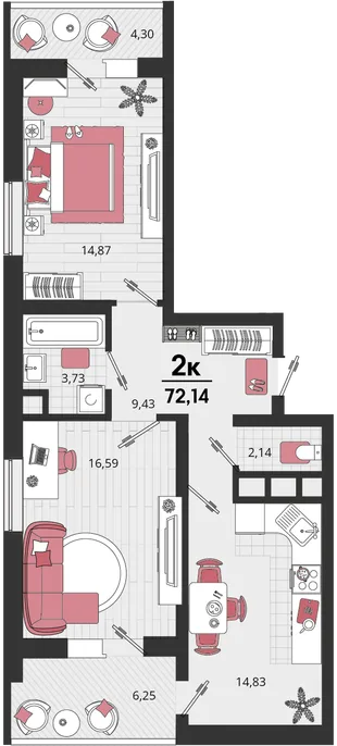 Планировка 2-комн. квартира, 72.14 м² ЖК «Родные просторы»