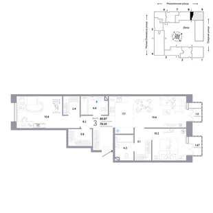 Планировка 3-комн. квартира, 80.87 м² ЖК «Страна.Озёрная»