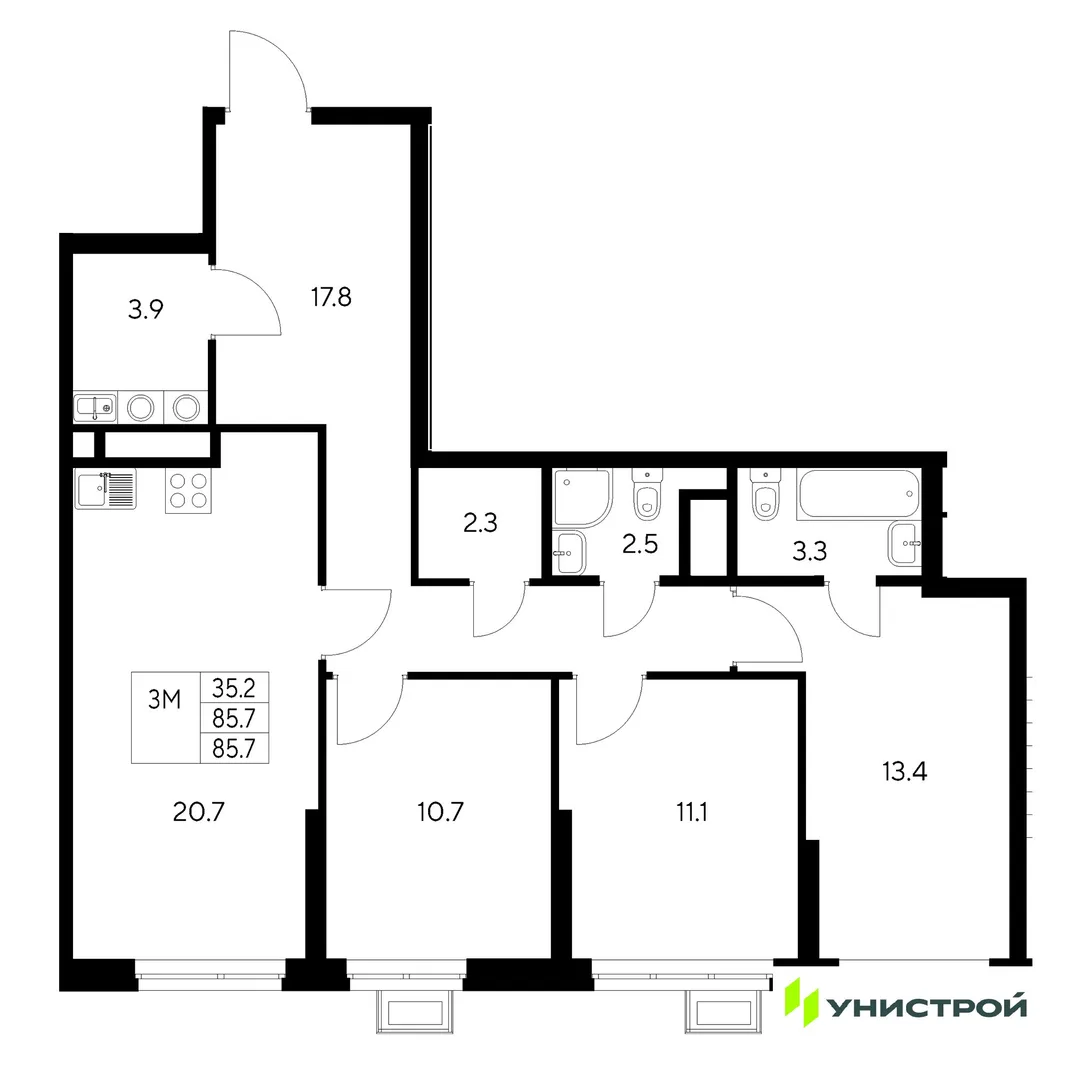 Планировка 3-комн. квартира, 85.7 м² ЖК «Стадиум»