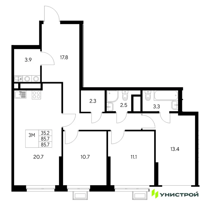 Планировка 3-комн. квартира, 85.7 м² ЖК «Стадиум» Планировка 3-комн. квартира, 85.7 м² ЖК «Стадиум»