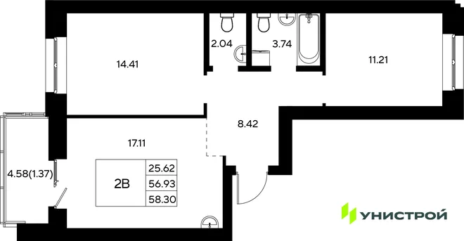 Планировка 2-комн. квартира, 58.3 м² ЖК «Царёво City» Планировка 2-комн. квартира, 58.3 м² ЖК «Царёво City»