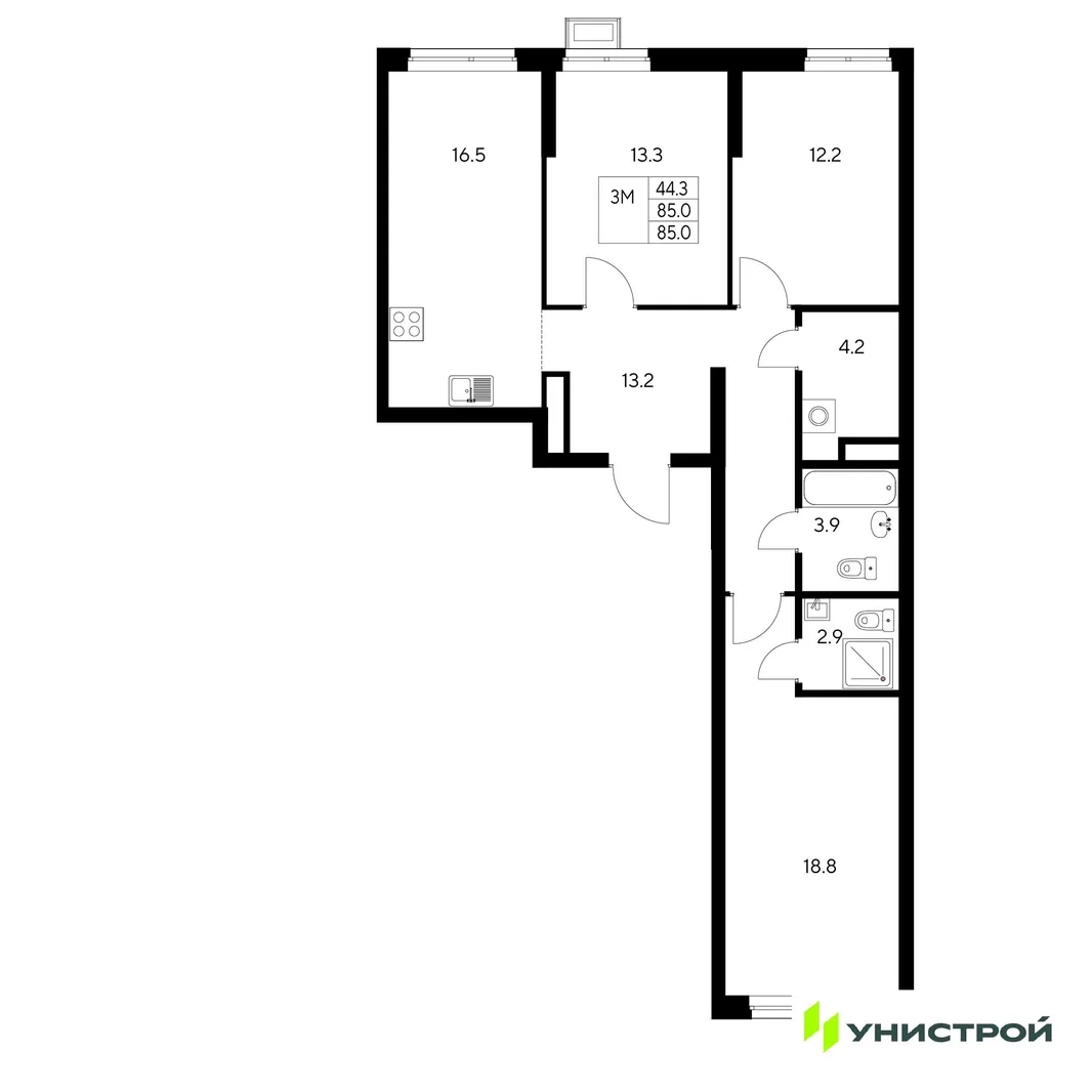 Планировка 3-комн. квартира, 85 м² ЖК «Стадиум»