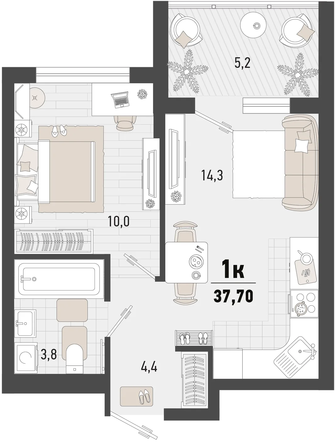 Планировка 1-комн. квартира, 37.7 м² ЖК «Барса»