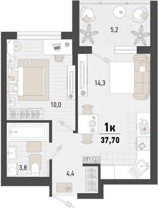 Планировка 1-комн. квартира, 37.7 м² ЖК «Барса»