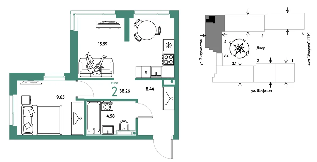 Планировка 2-комн. квартира, 38.26 м² ЖК «Страна.Энтузиастов»