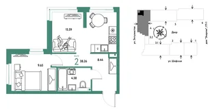 Планировка 2-комн. квартира, 38.26 м² ЖК «Страна.Энтузиастов»