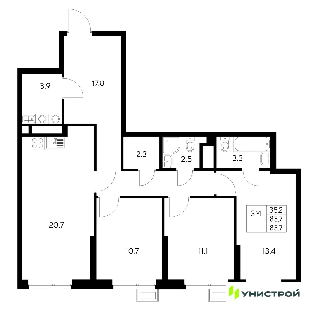 Планировка 3-комн. квартира, 85.7 м² ЖК «Стадиум»